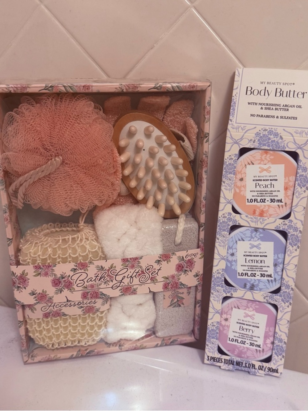 Peach, Lemon & Berry Body Butter Trio with Pink Bath Gift Set